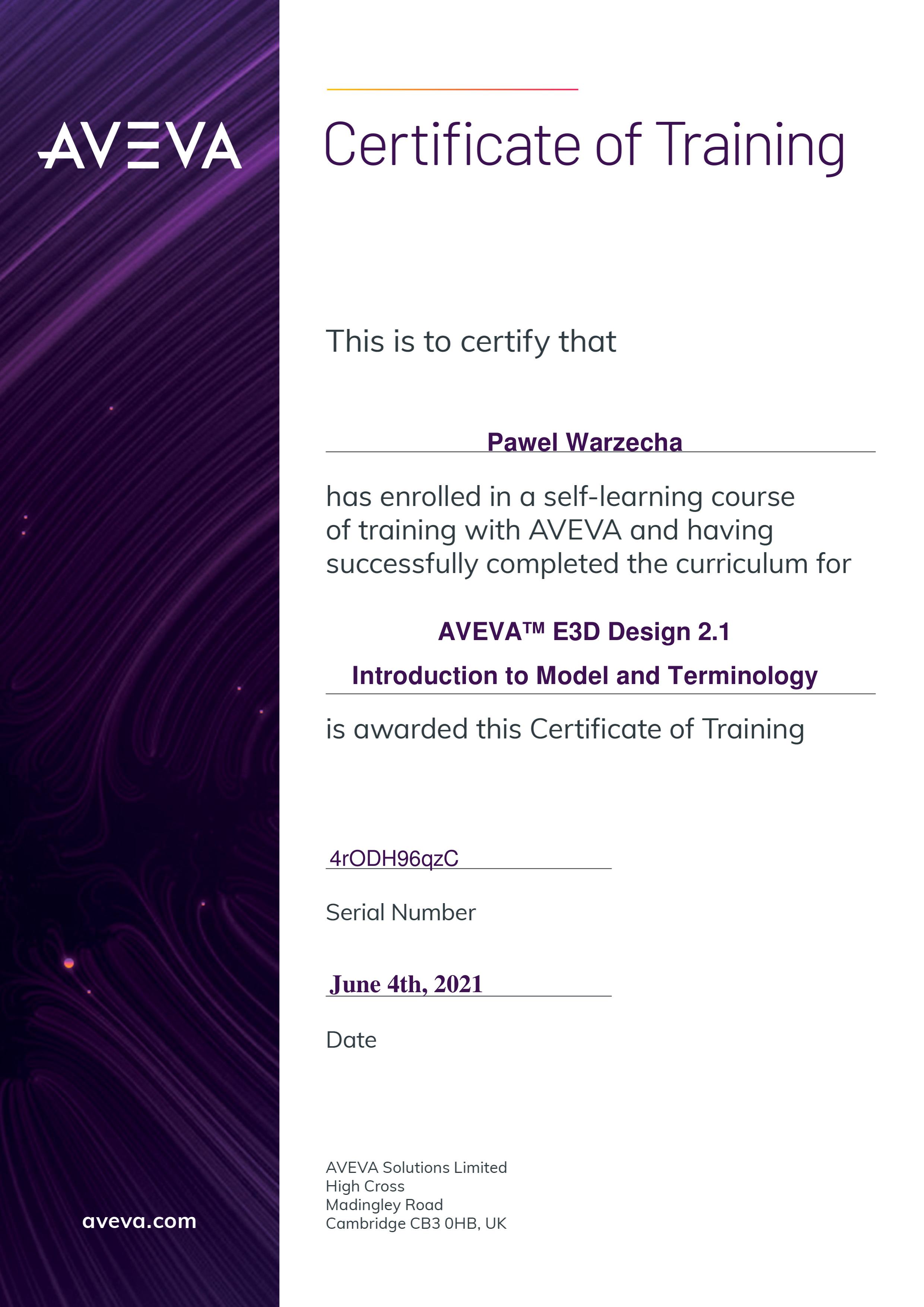 AVEVA E3D Certificate